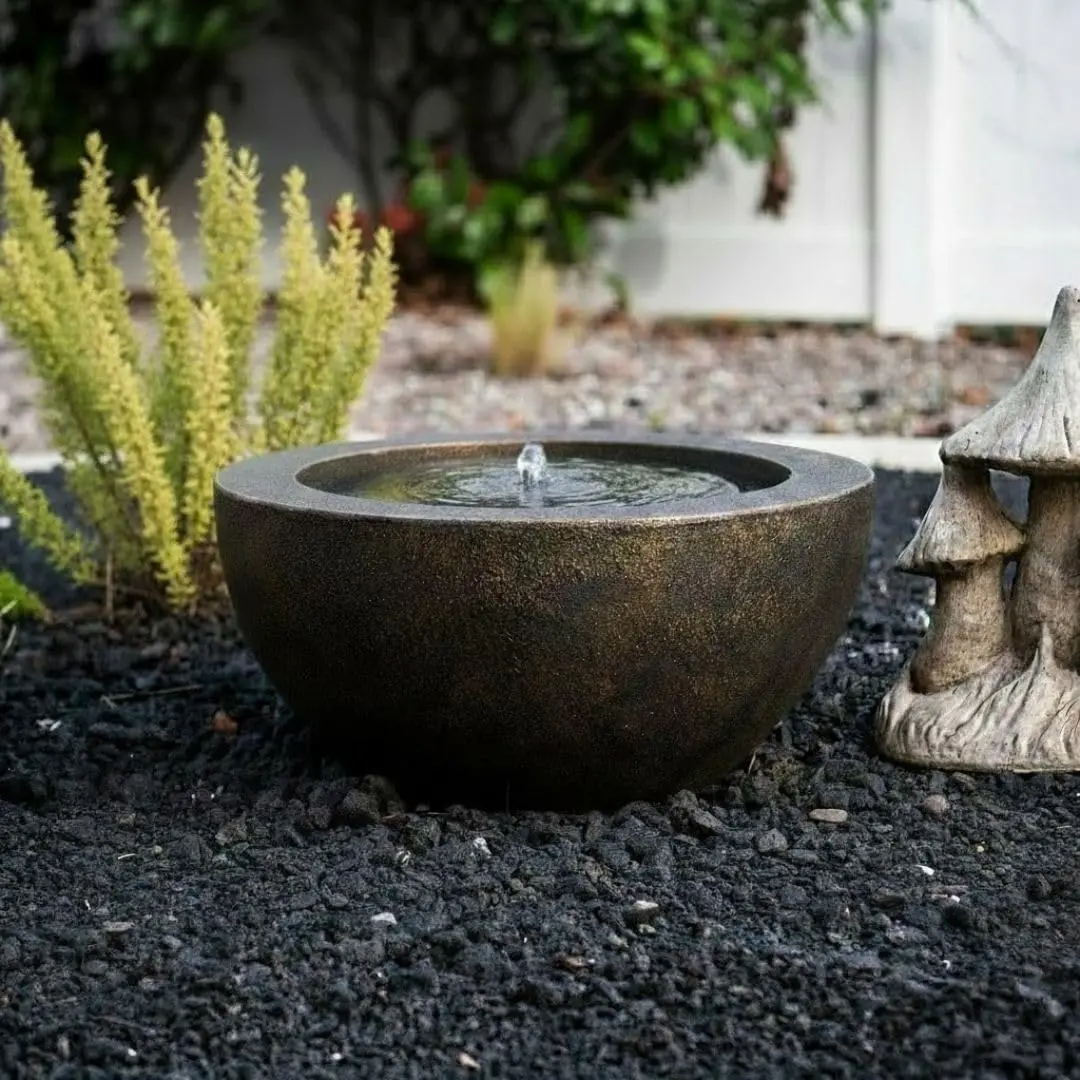 Round Sphere Water Fountain 9.65 Inch High Indoor Outdoor LED Light Polyresin Bubbler Patio Yard Home Decor Bronze Tranquil Sere