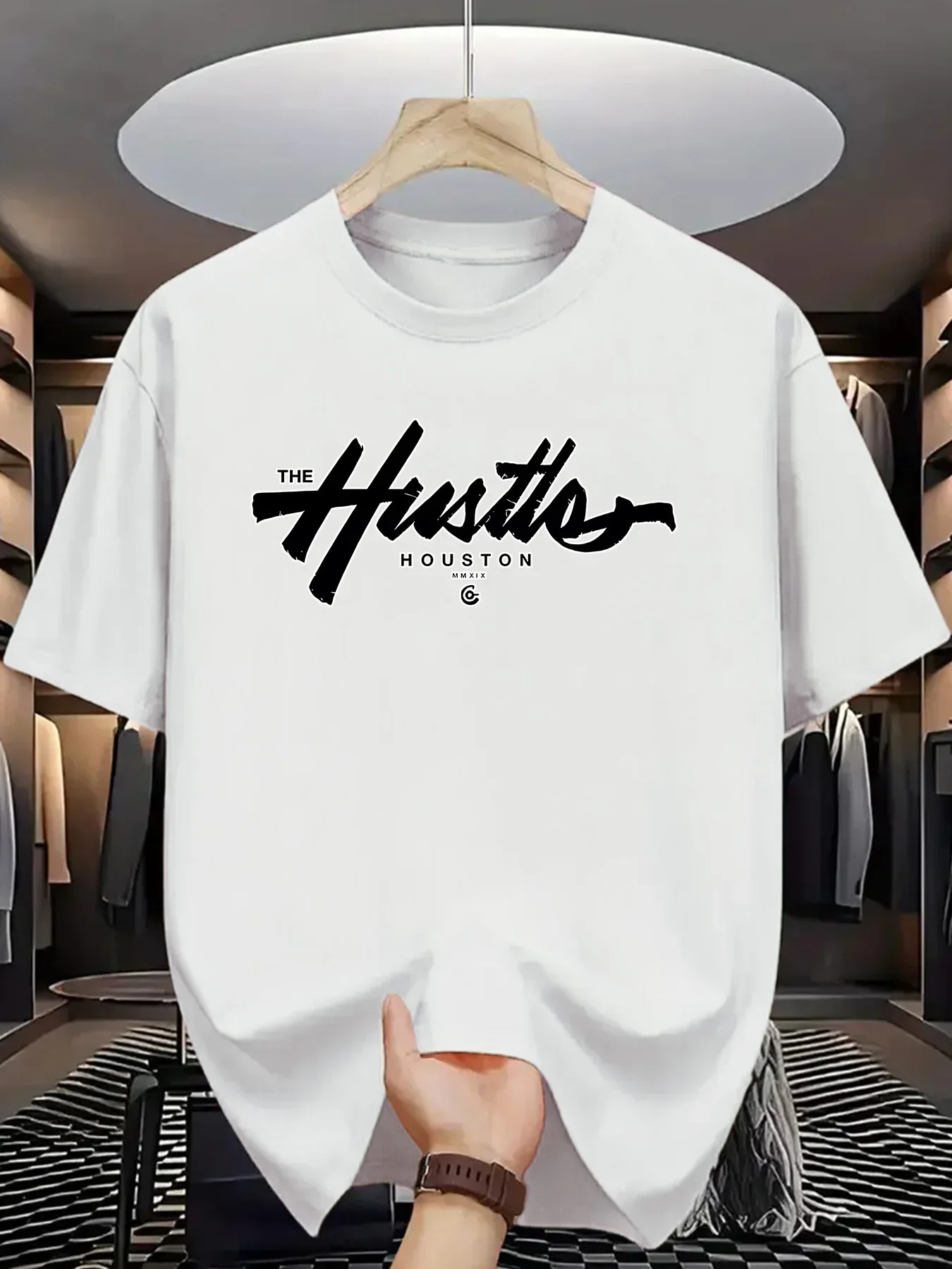 

Summer men's 100% pure cotton casual loose plus size Houston letter printed sports round neck short sleeved T-shirt top