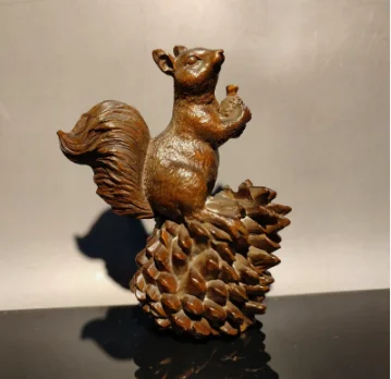 Chinese wood Boxwood carved Pinecone Squirrel Animal statue decoration