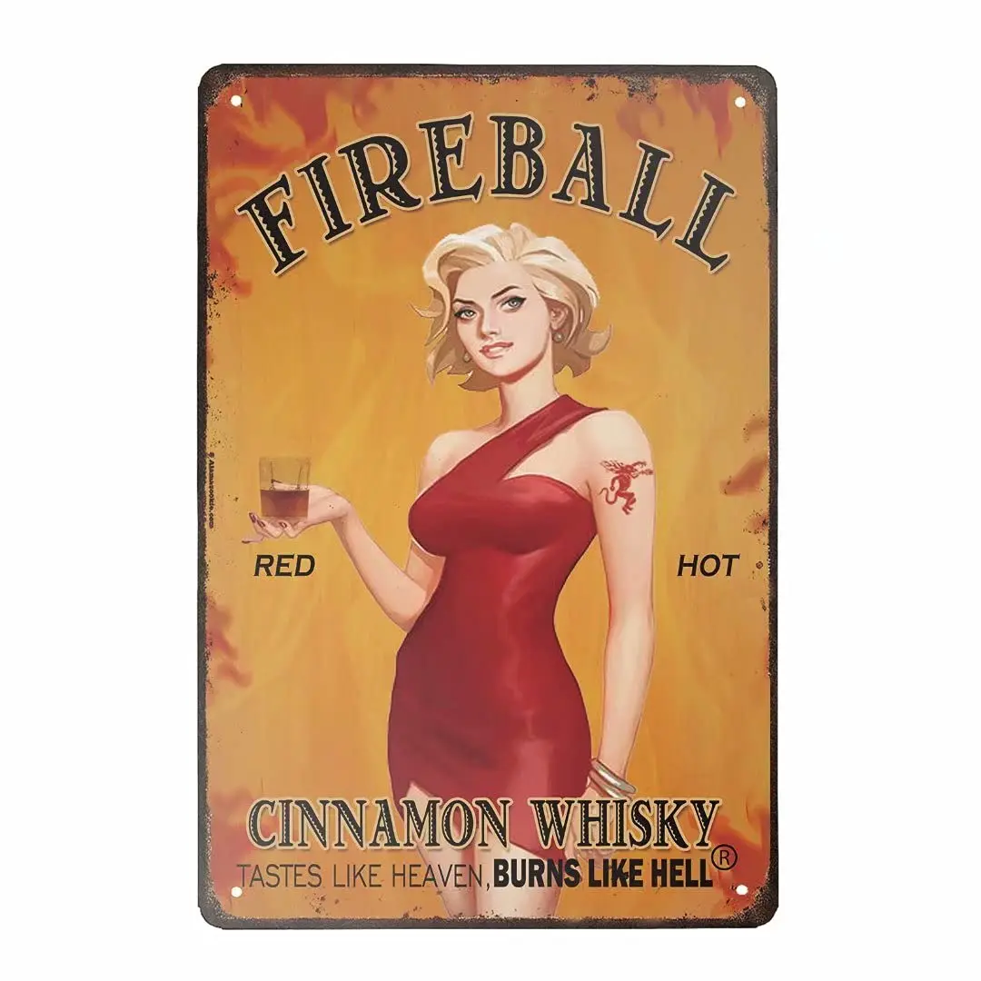 Mvgges Funny Novelty Tin Sign Fireball Sign Rustic Retro Wall Sign Home Kitchen Bar Room Garage Vintage Retro Poster Plaque 8x12