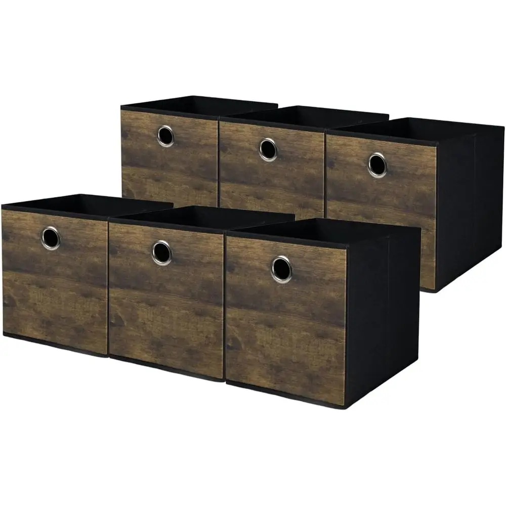 

Набор из 6 прочных контейнеров для хранения с декоративным деревянным узором, утолщенная тканевая коробка, корзина для хранения или полка, для шкафа, кладовой, спальни, L