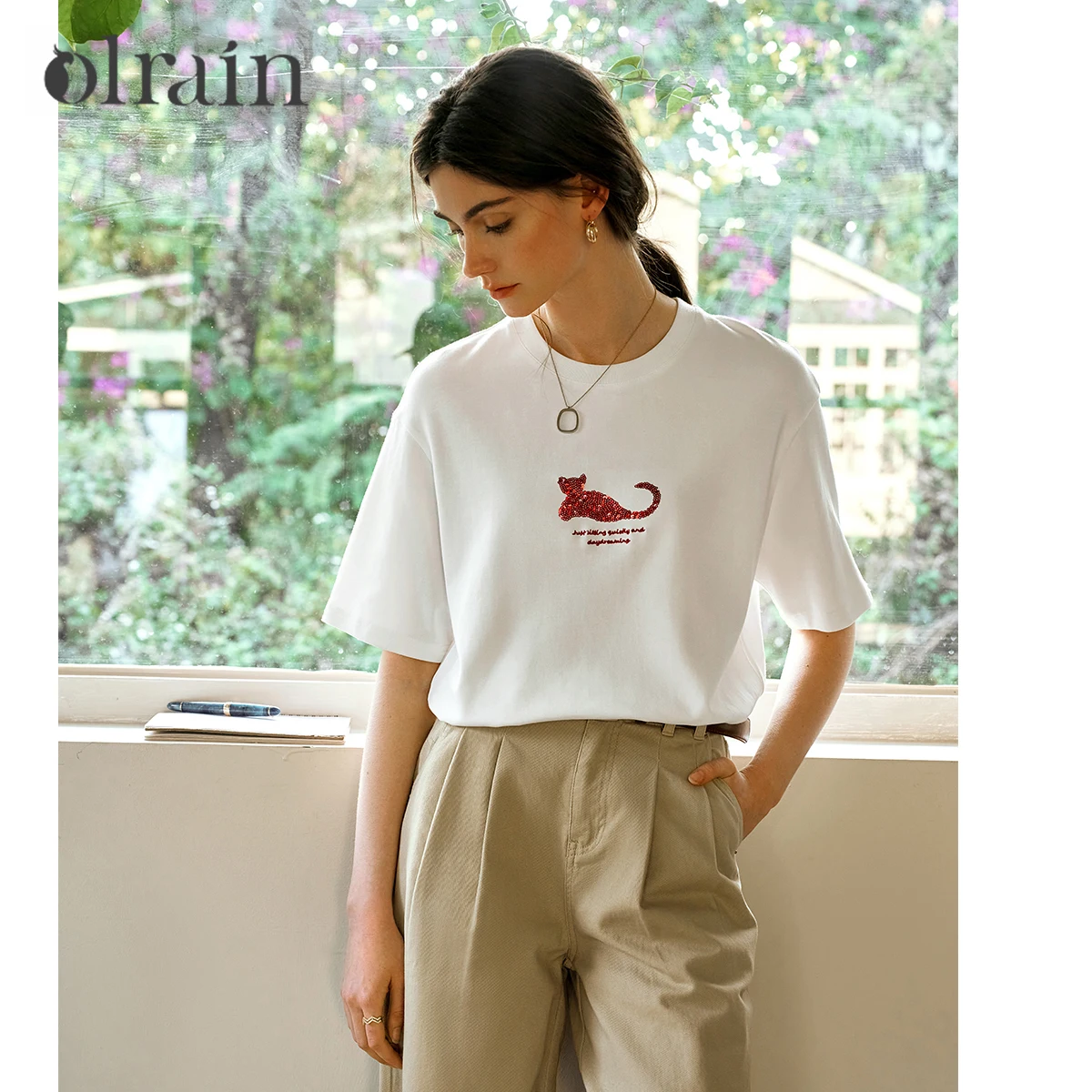 

OLrain Women's Cotton T-shirt 2025 Creative Bead Short-sleeved Cartoon Pattern Tops Casual Loose Summer Clothes O57XT96585