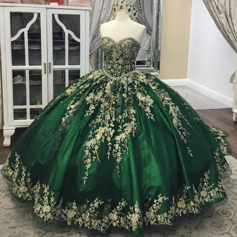 

Зеленое блестящее милое платье Quinceanera для 16 девушек с длинным шлейфом, роскошное кружевное платье с аппликацией и бусинами на день рождения, платье для выпускного вечера, Vestido De 15