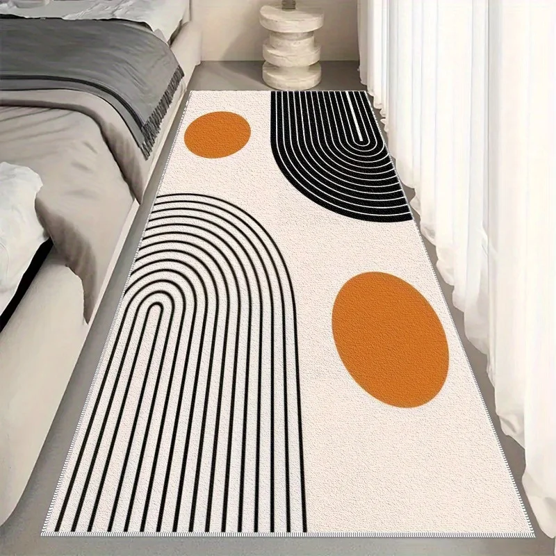 Minimal Abstract Curved Line and Oval Pattern Floor Runner Mat Neutral Mid Century Art Decor Rug for Indoor Household Space
