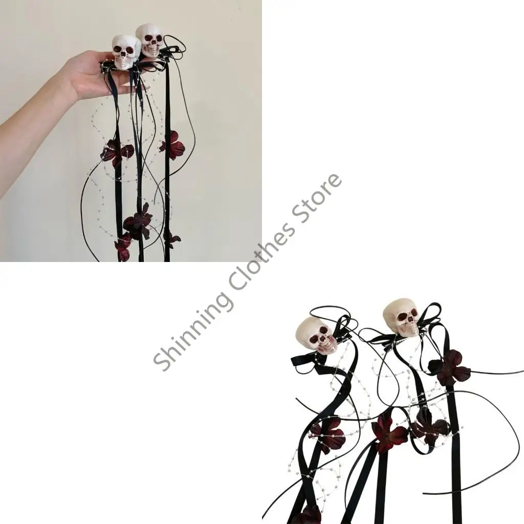 

M68A Заколка для волос с бантом и черепом из 2 частей для костюмированных вечеринок на Хэллоуин и готических мероприятий с