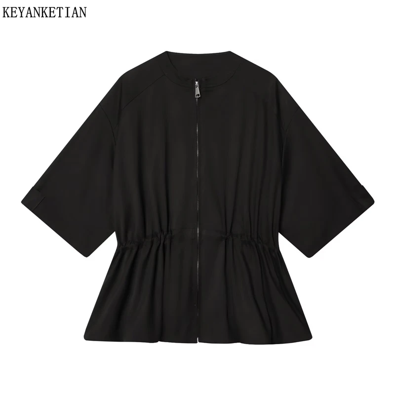 

KEYANKETIAN 2026 New Women's Women Black Cinched Waist Jacket Zip Up Half Sleeve Casual Peplum Lightweight Outerwear O-Neck Top