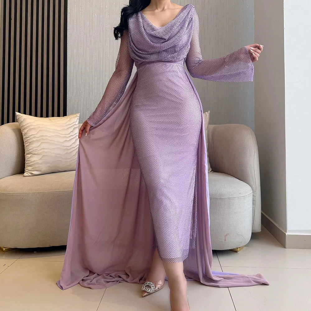 Customized Temperament Straight Ankle Length Scoop Organza Jersey Long Sleeves Pleats Evening Dress Classic платье вечернее