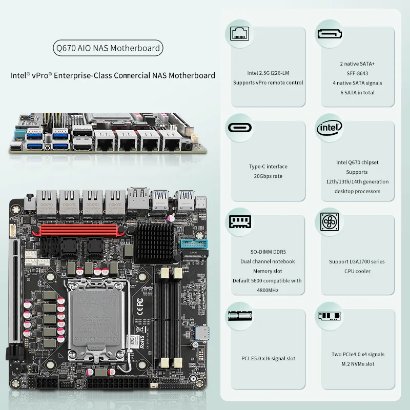 Nowa płyta główna Q670 4x portów Intel 2.5G Ethernet 8-Bay NAS dla procesora Intel 12/13/14 Gen |   3x M.2 NVMe |   8x SATA3.0 |   HDMI+DP