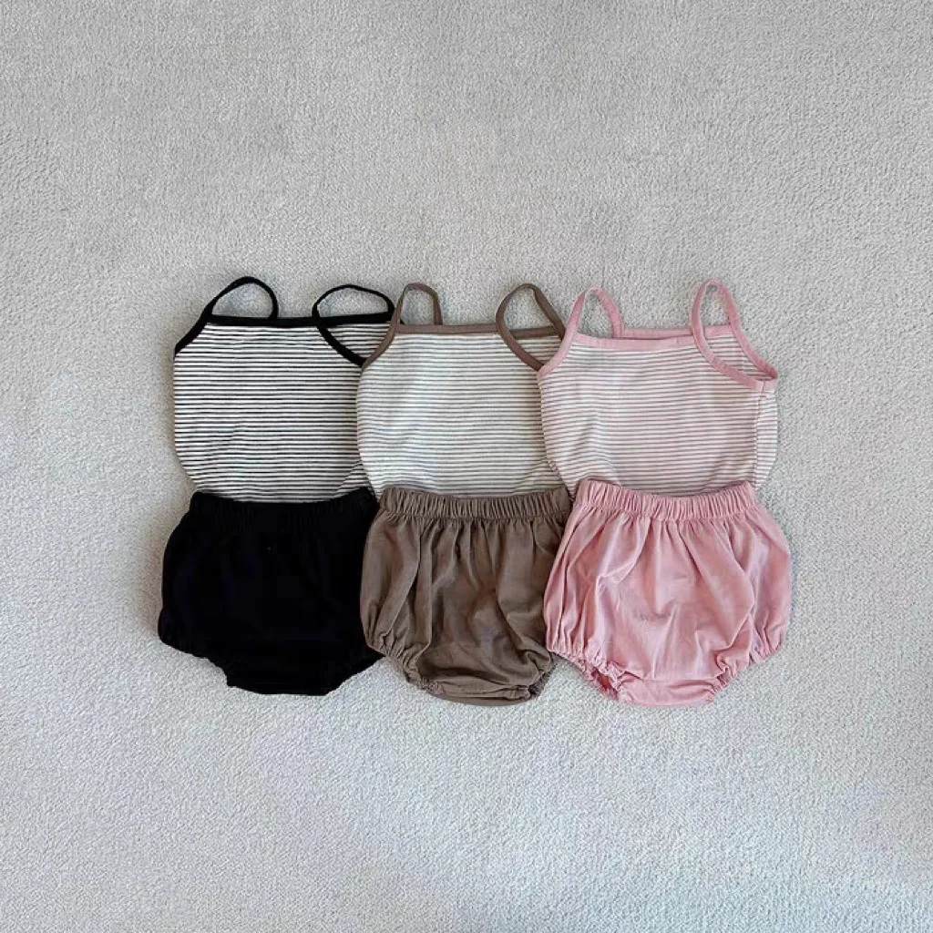 

2025 Summer New Baby Girl Sleeveless Sling Clothes Set Infant Cotton Striped Vest + Shorts 2pcs Suit Toddler Boy Cotton Outfits