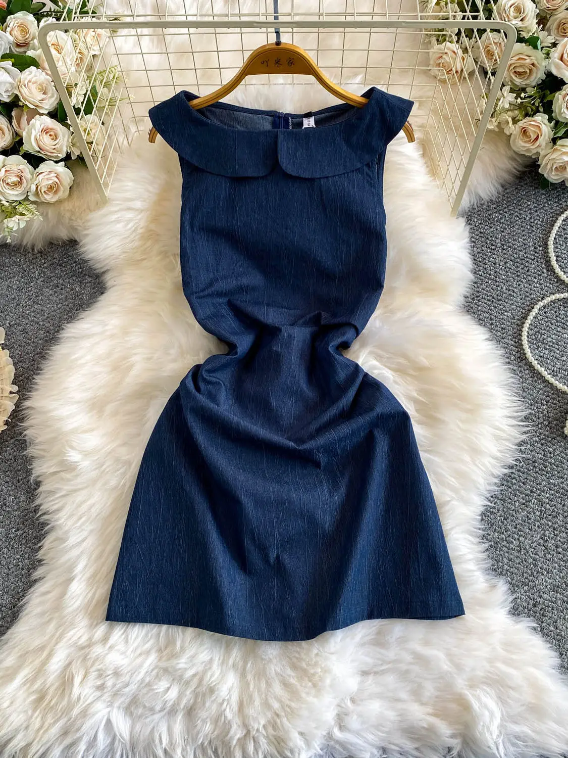 Vestido vaquero sin mangas azul oscuro para mujer, vestido de lujo con cuello Peter Pan, minivestido vintage de estilo coreano para mujer, verano