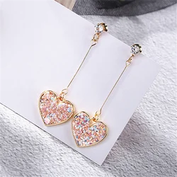 Korea Small Fresh Pink Sequin Love Earrings For Women Sweet Crystal Heart Long Earrings Female Jewelry Oorbellen Pendientes Boho