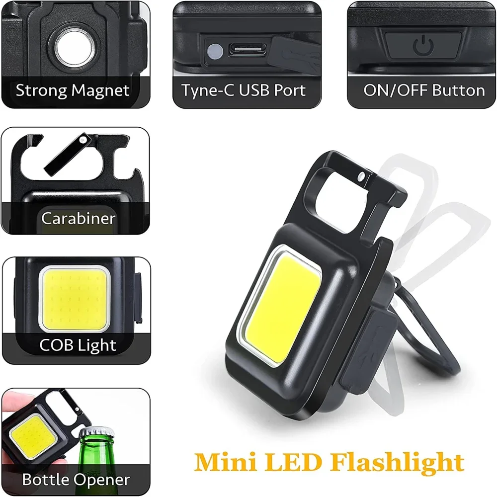 1pcs Mini LED Portable Keychain Flashlight Multifunction COB Work Light USB Rechargeable Strong Magnet Outdoor Camping Lantern