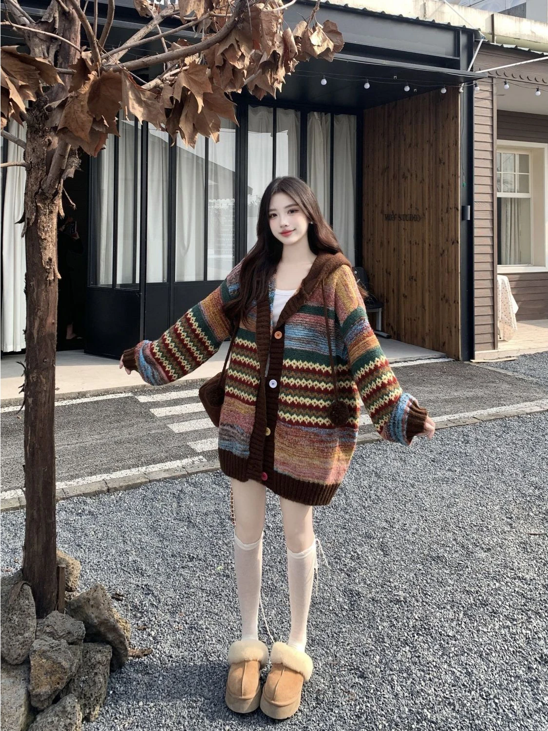 Sudadera con capucha a rayas de Color Retro de talla grande 300 Pou Jaet, prendas de vestir exteriores de otoño e invierno para mujer, suéter tejido de poliéster suave