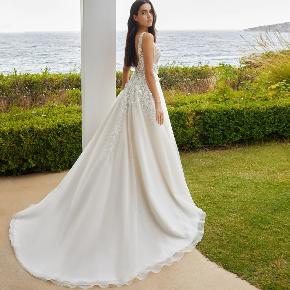 Свадебные платья с V-образным вырезом по индивидуальному заказу, широкие бретели, аппликация, кружево, свадебные платья длиной до пола, молния с открытой спиной и цветочным принтом, Vestido de novia