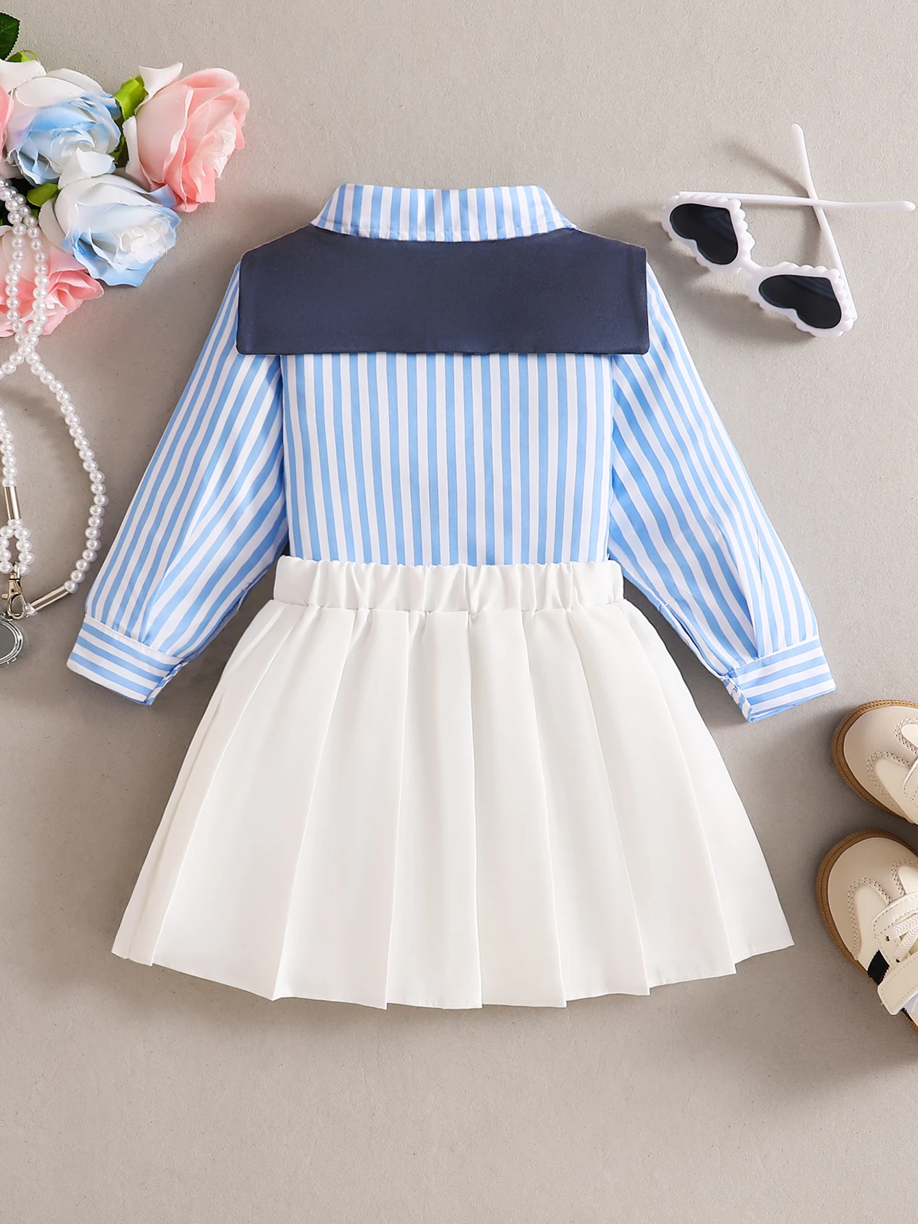 3-Piece Set for Baby Girls, Spring and Autumn Thin Skirt Suit, Baby Girl Button-Up Cardigan with Lapel, Blue and White Striped Long-Sleeve Shirt Top + Solid Color Pleated Skirt + Black Vest Decoration, Three-Piece Set for Girls, Cute and Elegant, Fashionable, Preppy Style, Sweet and Versatile Princess Skirt Set, Newborn First Birthday Gift, Comfortable and Soft, Suitable for 0-1-2-3 Years Old, 6-9 Months, Suitable for Outdoor, Casual, Party, Festival Gift 2