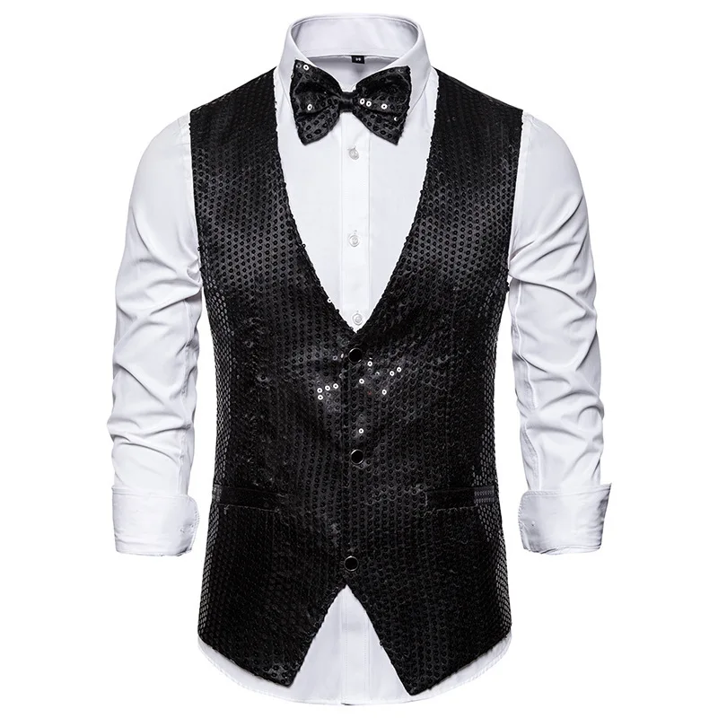 Men Shiny Sequin Vest Bowtie Set Suit Vest for Men Dinner Party Prom Ball V Neck Formal Vest Wedding Party Sleeveless Waistcoat