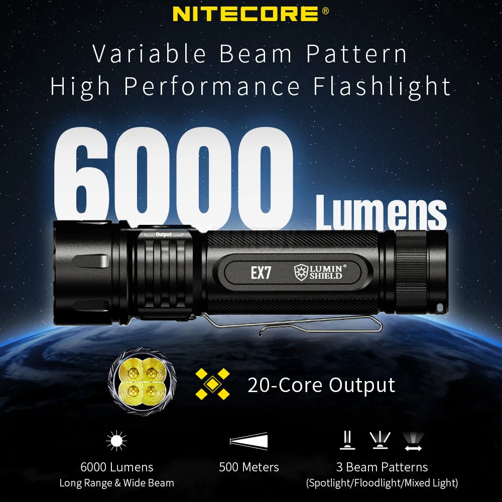 2025 NITECORE EX7 6000 Lumens Variable Beam Pattern High Performance USB-C Rechargeable Flashlight with / without 21700 Battery