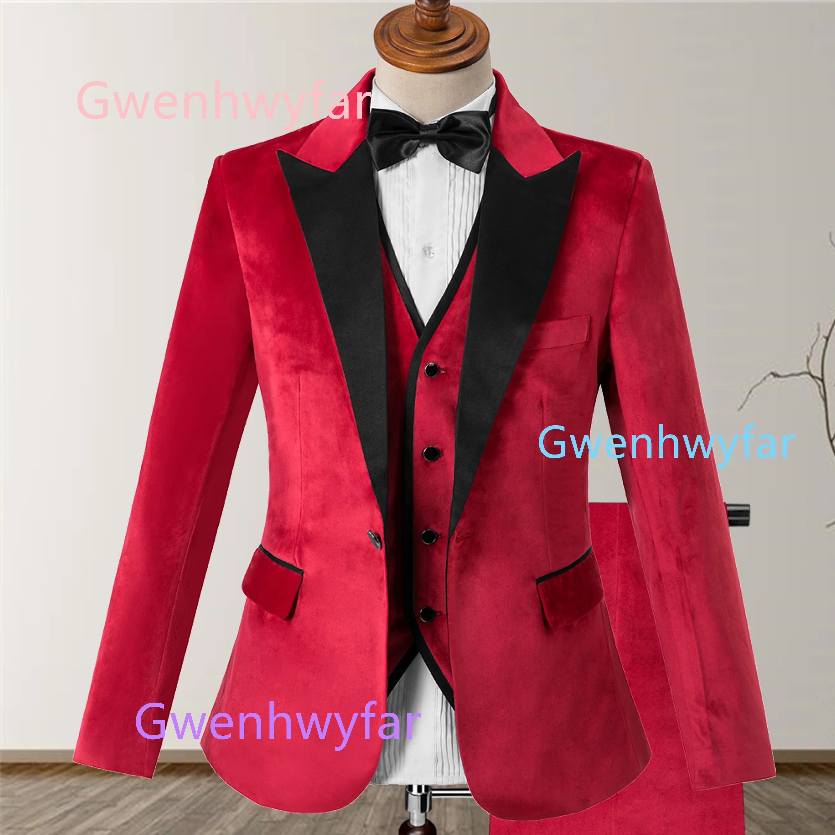 G&N 2026 Winter New Red Velvet Men Suits 3-Piece Set with Black Satin Collar Elegant Wedding Dress Best Man Coat Pants Vest Set