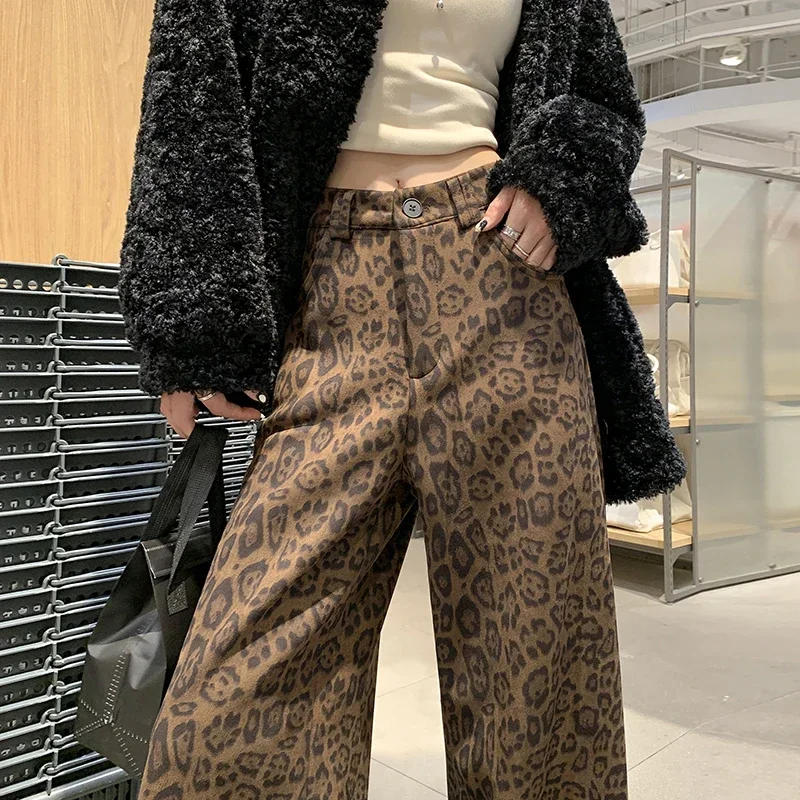 Fashion Leopard Print Wide Leg Pants Women Y2k High Quality High Waist Slim Fit Trouser Female Casual Baggy Streetwear Pants