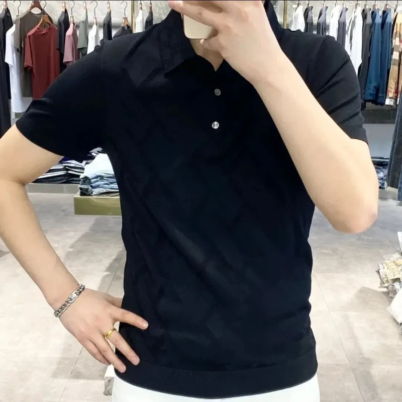 Summer New Men's 2024 Spliced Polo Shirt Button Dark Flower Fashion Solid Color Slim Minimalist Casual Knitted Short Sleeved Top