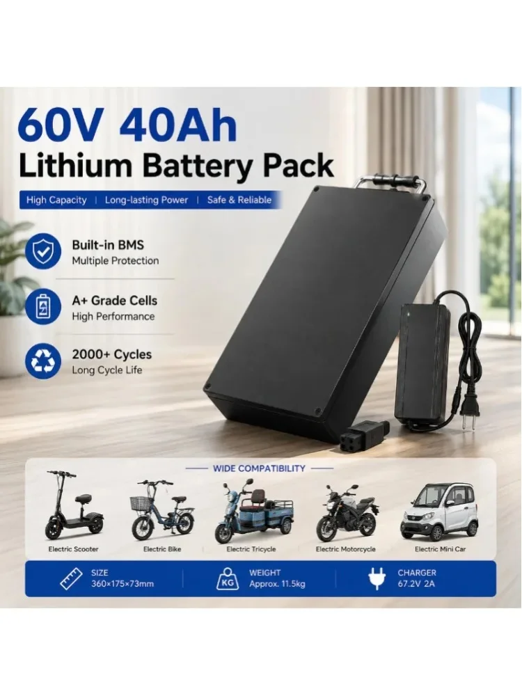 60V 20Ah 30Ah 40Ah Lithium-Akku mit integriertem BMS für Fat-Tire-Elektroroller 500W-2000W, 67,2V 2A Ladegerät inklusive, EU-Lager Schneller Versand, Langstrecken-Ersatzstromversorgung für tägliche
