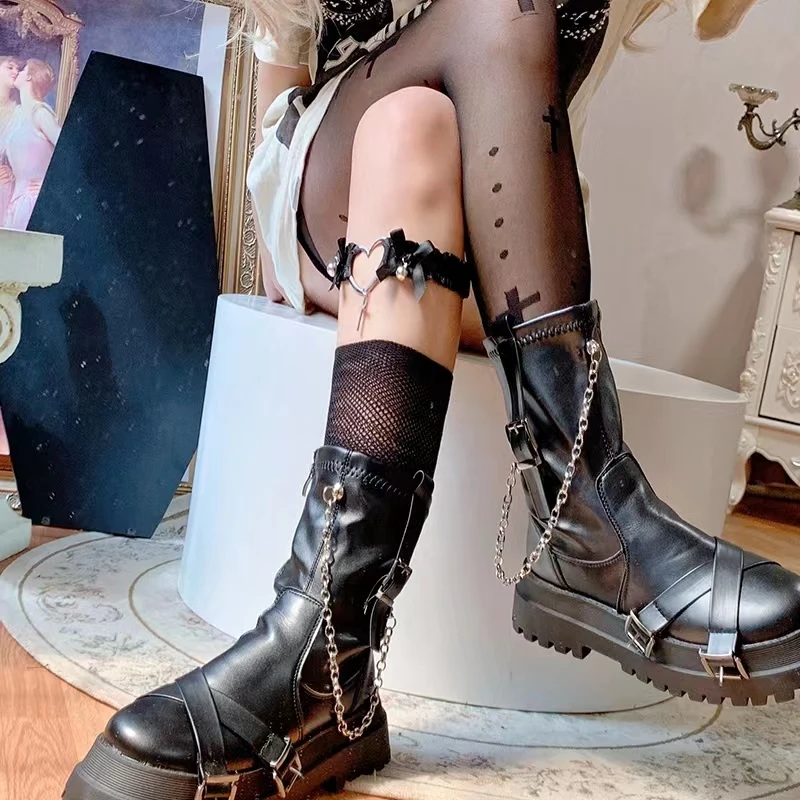 Lolita ลูกไม้ Cavile Cross ต้นขาแหวนโบว์หัวใจรักแหวนหวานอุปกรณ์เสริม Lolita คอสเพลย์อะนิเมะ Kawaii อุปกรณ์เสริม