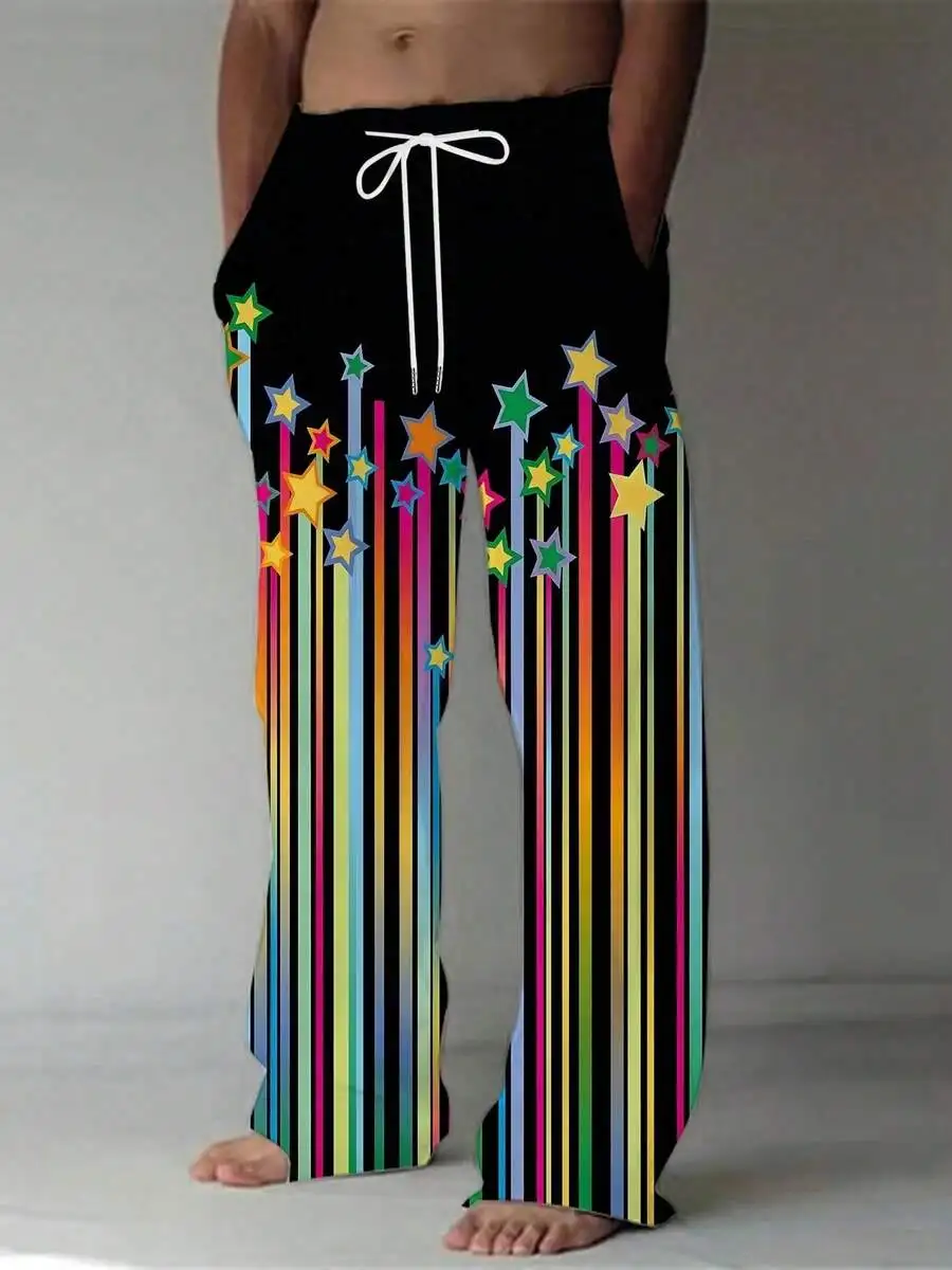 Mens Colorful Star Print Drawstring Loose Beach Shorts Summer Casual