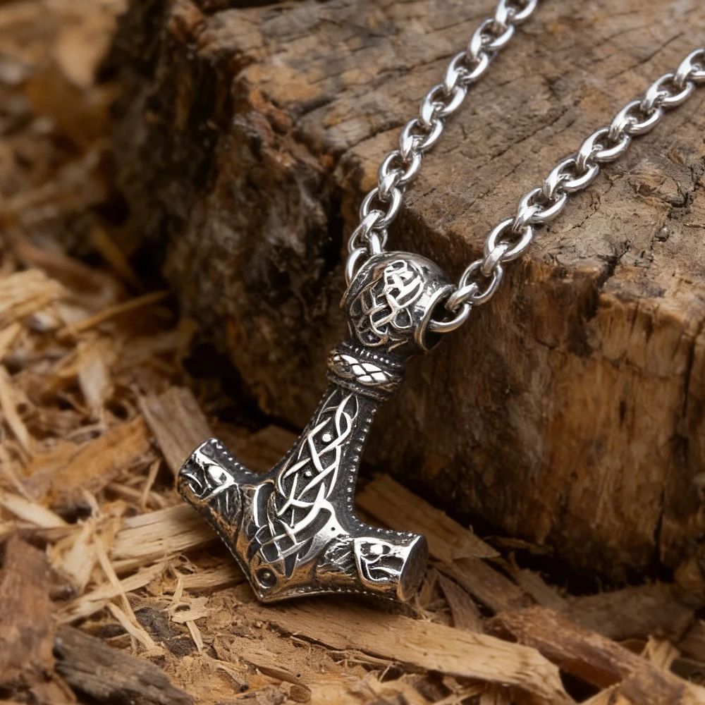 Norse Pagan Mjolnir Necklace Stainless Steel Thor Hammer Celtic Knot Talisman Amulet Punk Hip Hop Jewelry for Men with wood box