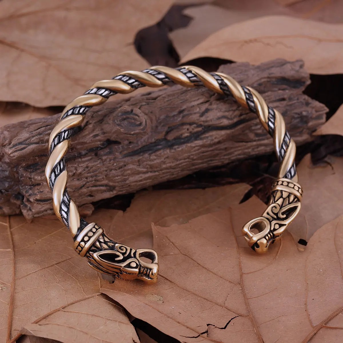 Stainless Steel Vikings Wolf Head Twist Cable Bangle Men's Vintage Mixed Gold Color Punk Hip Hop Biker Jewelry Gift