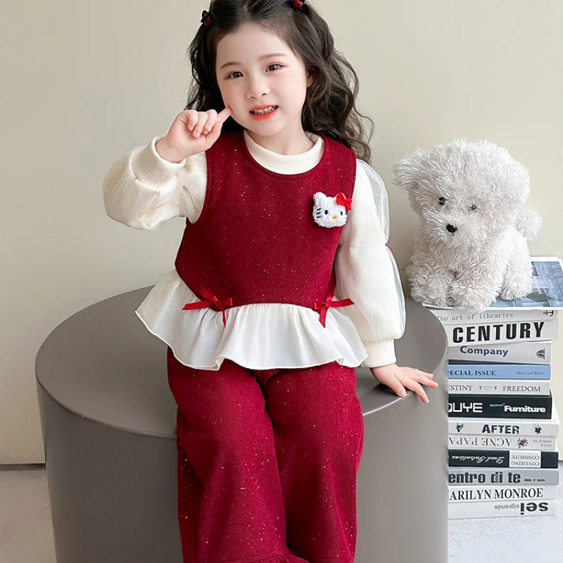 

Girls' Thick Long Sleeved T-Shirt Autumnwinter 2025 New Cute Kitten Anime Children's Warm 3Pcs Cartoon Fashion Sweet Comfort Set