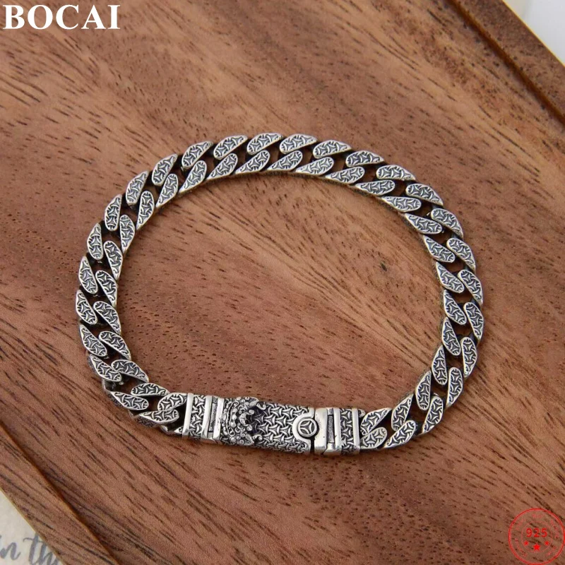 

BOCAI S925 Sterling Silver Charms Bracelets for Men Traditional Aesthetic Lion Dance Pattern Cuban Link Chain Fashion Jewelry