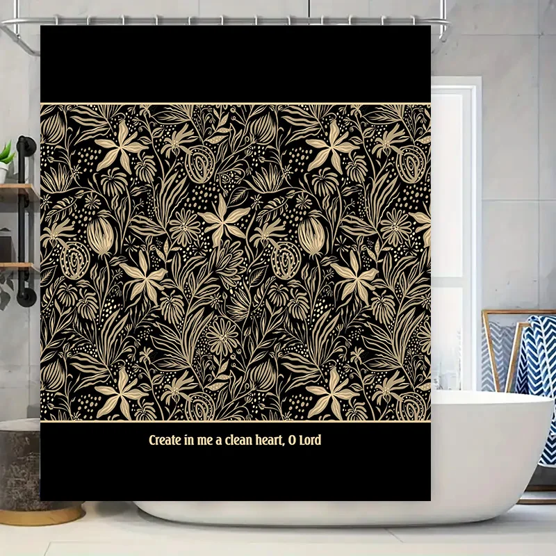 

Черная занавеска для душа с цветочным принтом и золотым дизайном, декор для ванной комнаты для украшения дома, креативный текст, настенное искусство, водонепроницаемая ткань