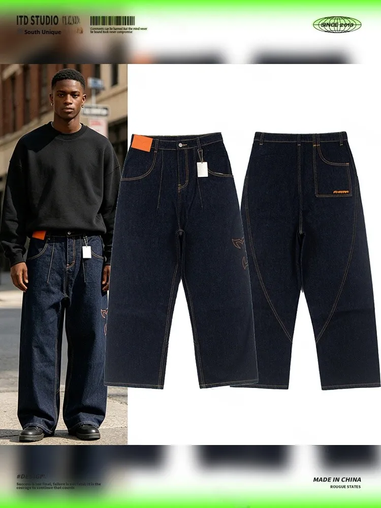 Mertra Series Men's Loose Fit Straight Leg Denim Jeans High Street  Embroidery Washed Effect Casual Trousers