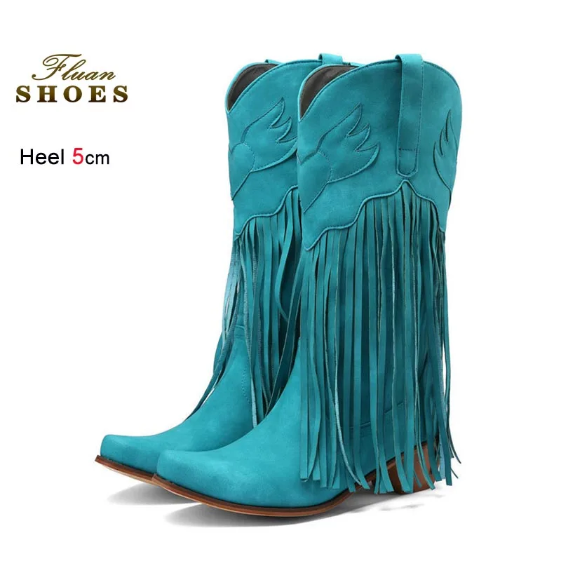 

2025 Foreign Trade Women Shoes Retro Mid-calf Boots Coarse Heel 5cm High Heeled Cowboy Boots Fashion Tassels Female Knight Boots