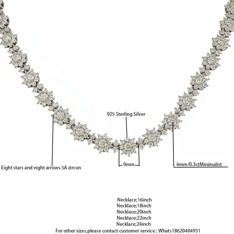 

S925 Sterling Silver Necklace Eight Stars Eight Arrows 5A Zircon 9mm 4mm 0.3CtMoissanite Full Paved Chain Multiple Lengths 16-2