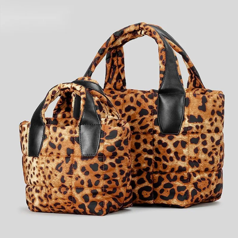 Leopard Print Nylon Quilted Tote Bag Women\'s Large Capacity Shoulder Messenger Bag Casual Padded Handbag