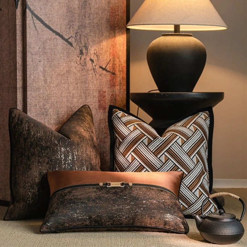 Modern Luxury Geometric Jacquard Cushion Cover High Precision Brown Gold Pillow Covers Boho Pillow Case for Sofa Home Decor