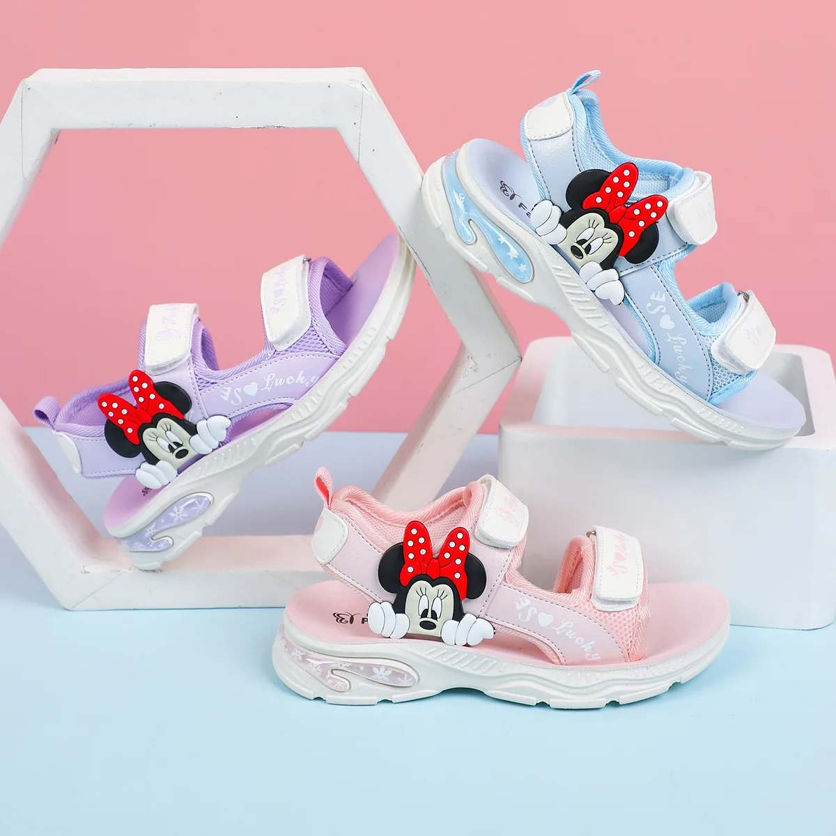 

Disney Mickey 2025 Summer Girls Sandals Children Shoes Girls Beach Shoes Hollow Breathable Lightning Children's Shoes