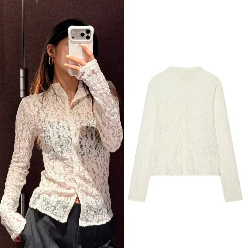 Guobioziy Women's Jacket 2026 Fall New Arrival Beige Long-Sleeve Lace Trim Slim Sexy See-Through Cardigan Top Elegant and Chic