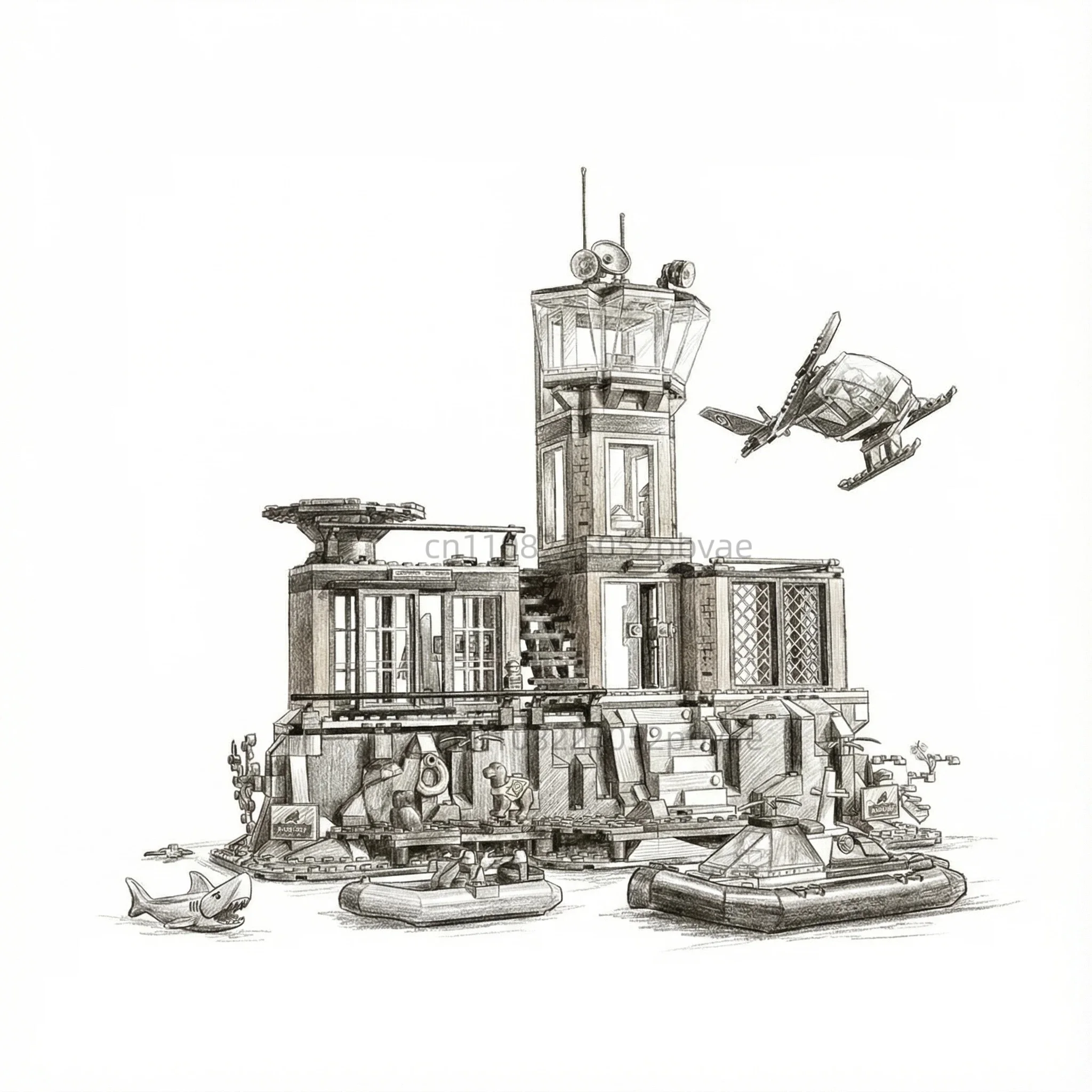 Juego de Construcción de Estación de Policía, Prisión en la Isla, Helicóptero, Barco, Tiburón, Decoración del Hogar, Ladrillos de Ensamblaje de Escritorio, Juguete de Regalo para Niños