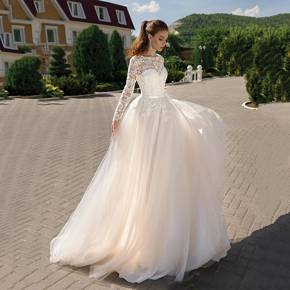 

Vintage Tulle Applique Wedding Dress Princess O-Neck Long Sleeve Bride Robe De Mariée A-Line Formal Church Gowns Floor Length