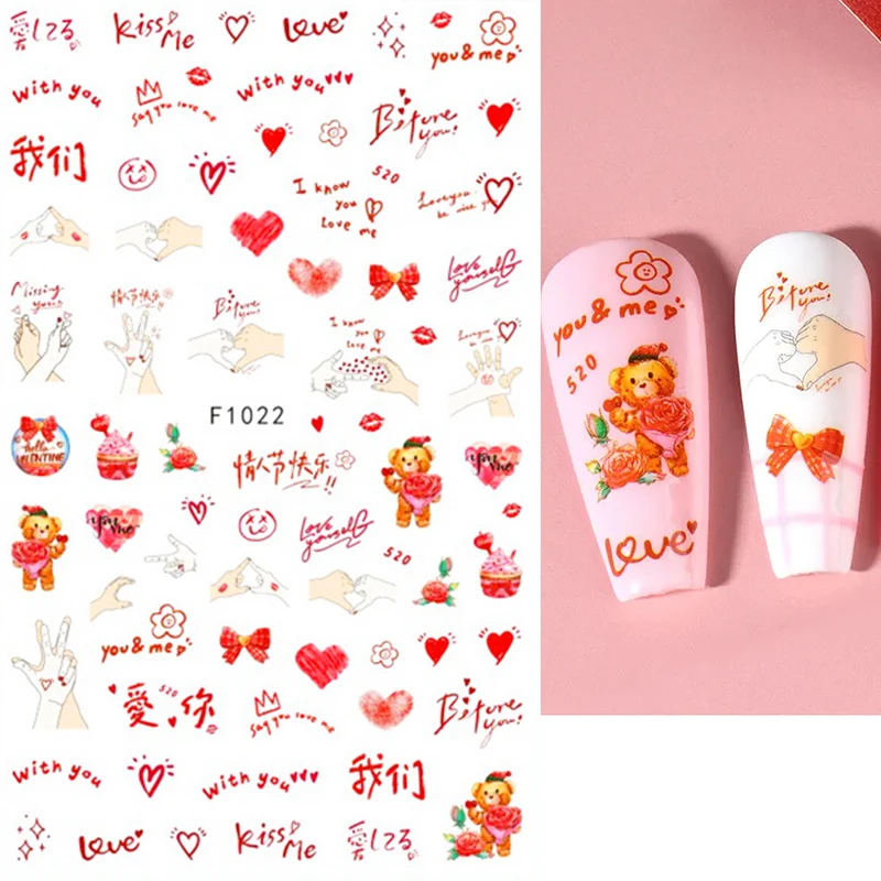 Pegatinas de uñas de San Valentín de dibujos animados 3D, corazón de amor, gato, oso, globo, letras rosas, láminas románticas, esmalte de Gel deslizante, decoración de manicura