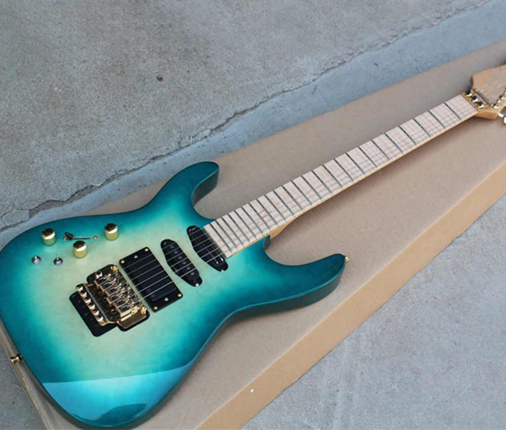 Left Hand 6 Strings Blue J Electric Guitar with Tremolo Bar,Quilted Maple Veneer,Rosewood Fretboard,24 Frets