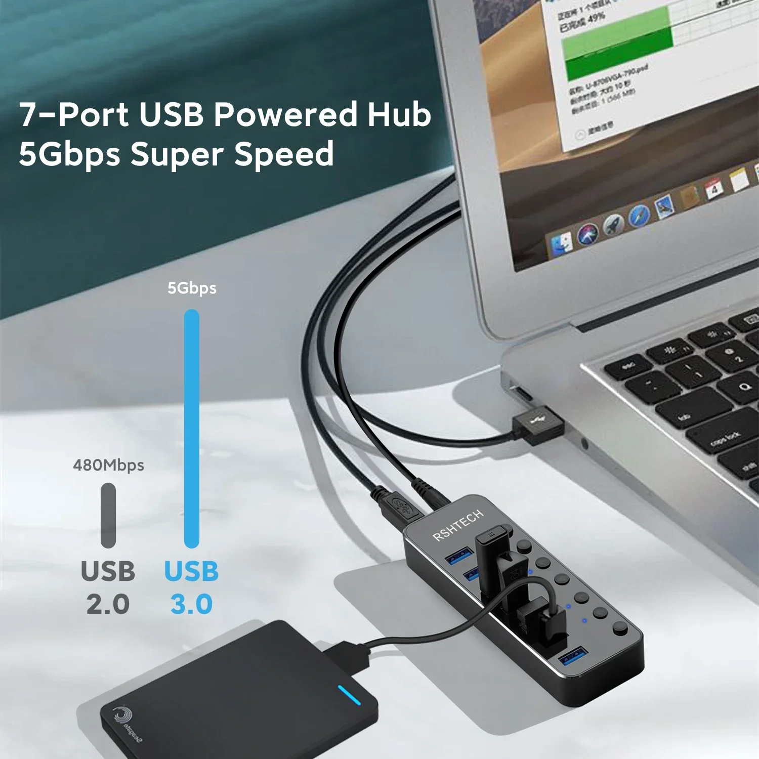 USB 3.0 Hub 5Gbps SuperSpeed 7-Port Multiple Data Transfer Splitter with Individual LED On/Off Switches and Power Supply