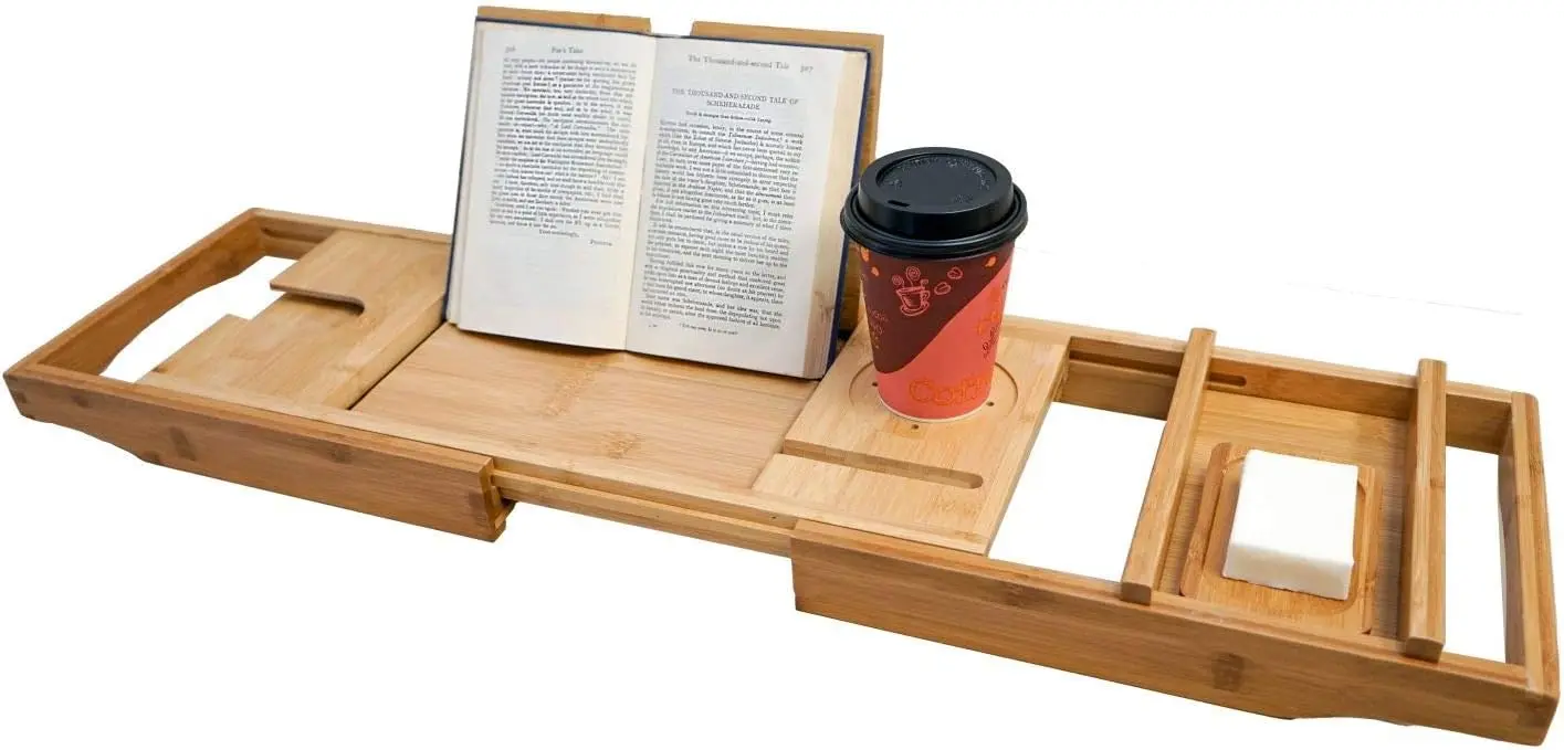 

Traybo H2O Luxury Bath Caddy Trays for Bathtub, Expandable Adjustable Bamboo Tub Tray Organizer with Book, Wine, Candle