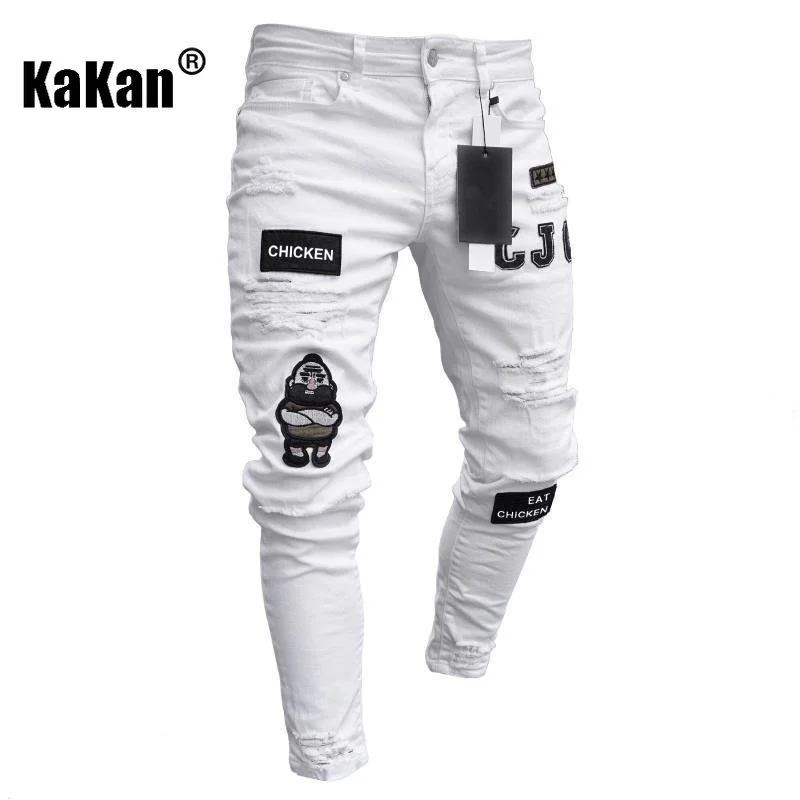 Kakan European and American High-quality New Long Jeans Men\'s Elastic Tight Jeans, Hole Badge Slim-fit Pants Jeans K14-881