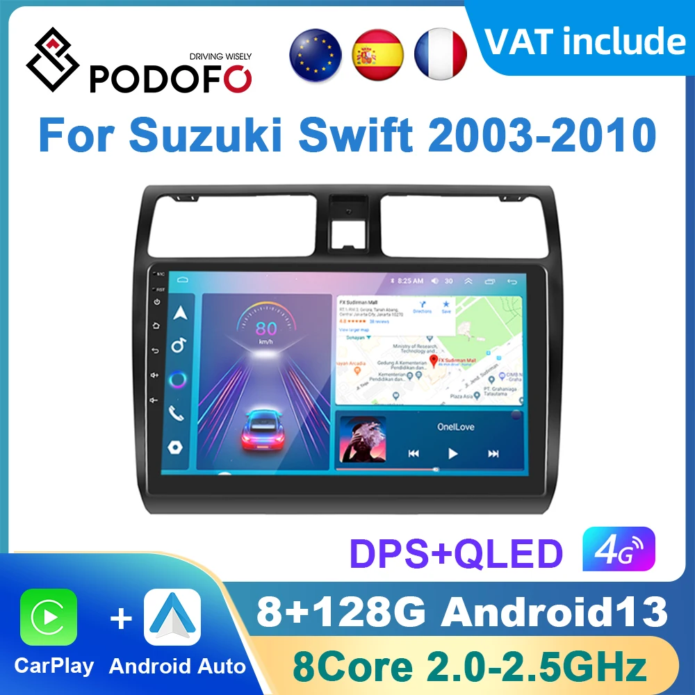 Podofo AI Voice Android Carplay Car Radio For Suzuki Swift 2003-2010 2din Android Auto 4G Multimedia Navigation GPS autoradio