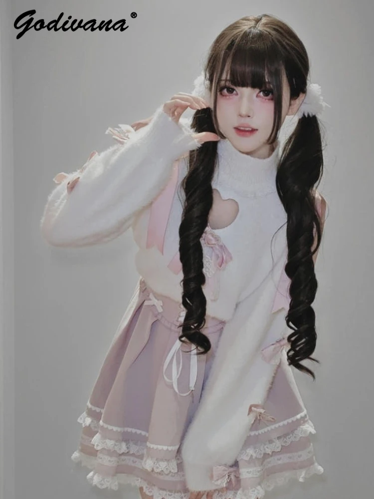 

Original New Heart Shape Bow Girl Women's Lolita Knitted Sweater Japanese Subculture High Waist Short Skirt Sweet Outfits