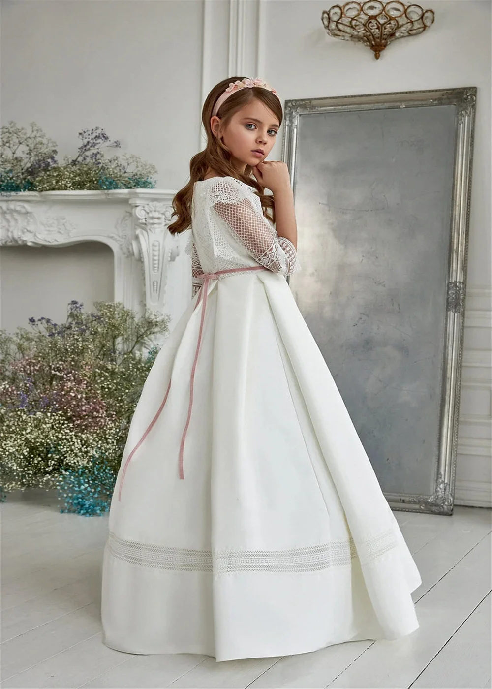 Robe de demoiselle d'honneur blanche pour mariage, robe en satin Boho, demi-manches, dentelle gonflée, cadeau d'anniversaire pour enfants, Rhde fête, première communion, DScottsdale