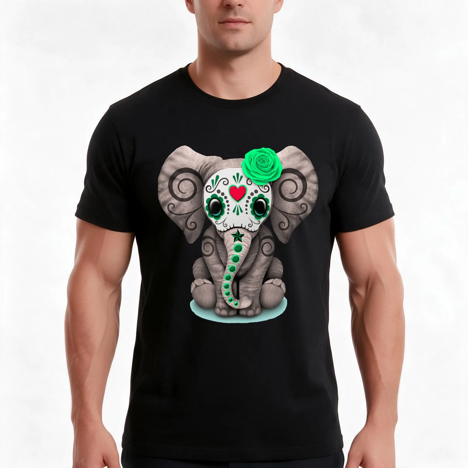 Sugar Skull Green Rose Elephant Day Of The Dead Halloween T-Shirt, Summer Casual Cotton Tee, Oversized Streetwear Tops